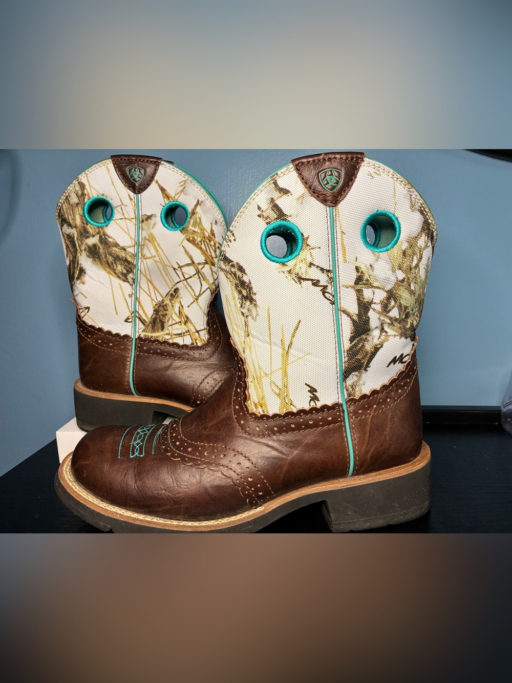 Ariat Brown Leather Western Boots with Cream Camo and Turquoise Trim